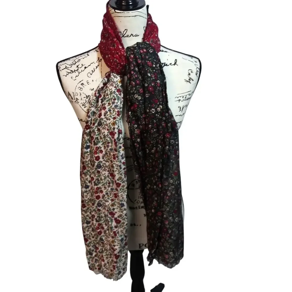 Floral Multi-Panel Lightweight Women's Scarf - Red, Cream, Black